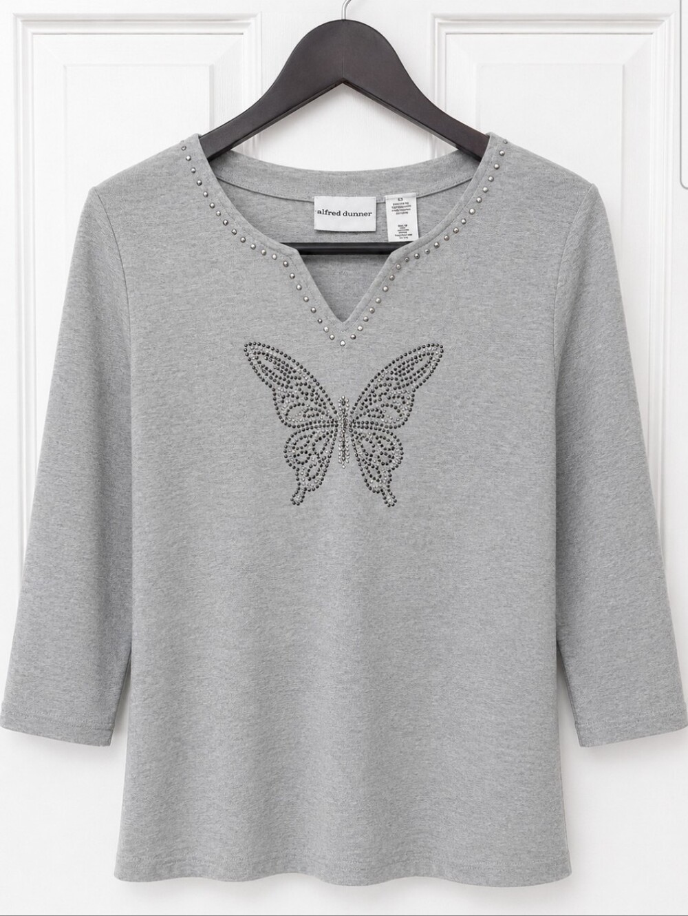 Alfred Dunner Gray Beaded Embellished Butterfly Long Sleeve Tee Sz LgP